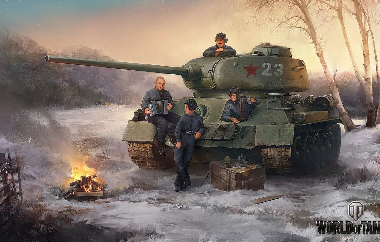 Фото обои Путин, танк, мужчины, World of Tanks, Т-34-85, привал, Лукашенко, отдых перед боем