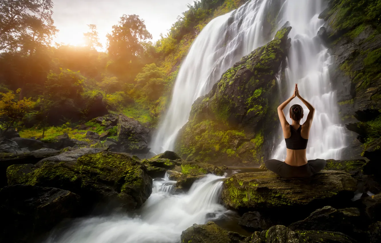 Фото обои девушка, водопад, Yoga