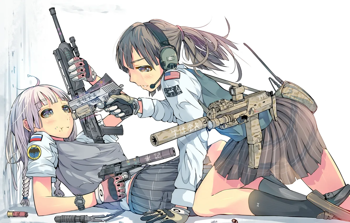 Фото обои девушка, пистолет, оружие, аниме, наушники, арт, микрофон, флаги