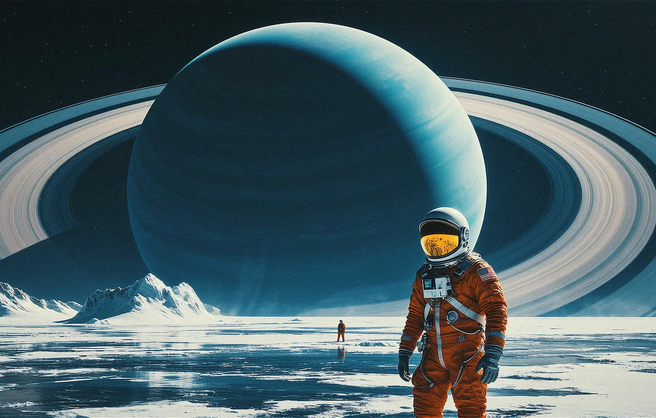 Фото обои Saturn, planet, astronaut, icy