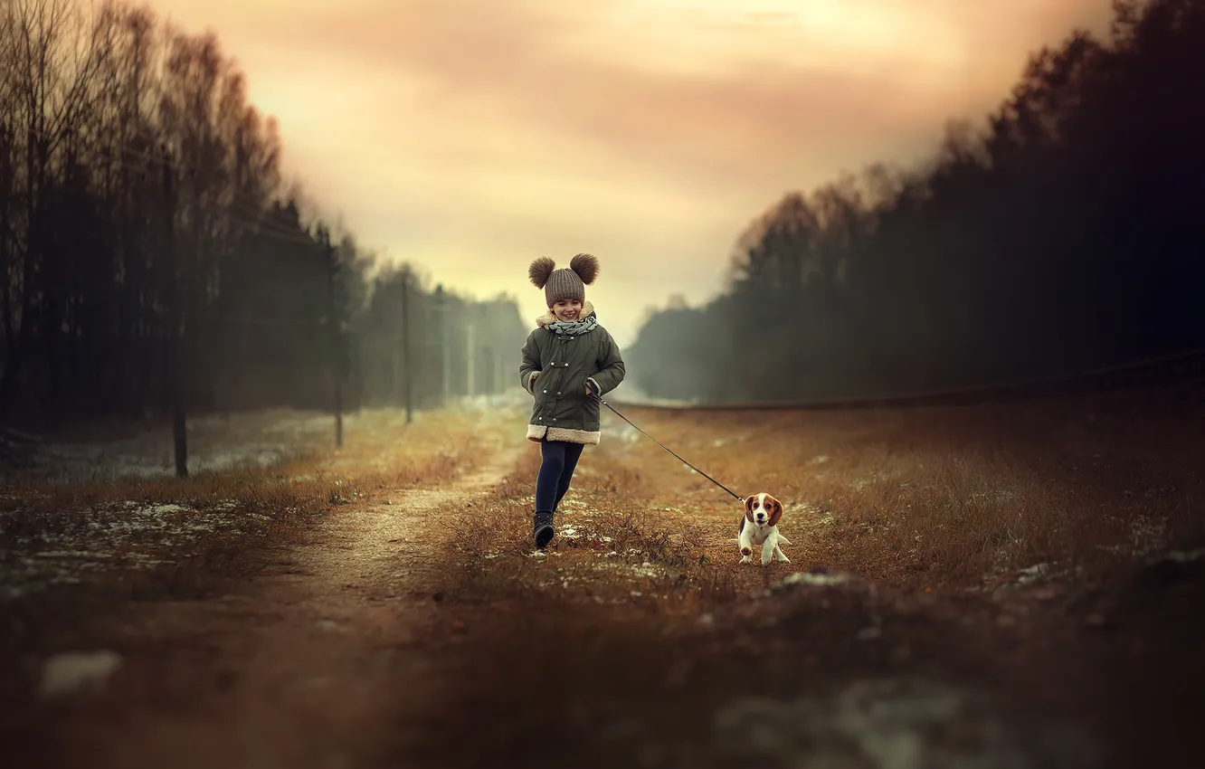 Фото обои собака, девочка, прогулка