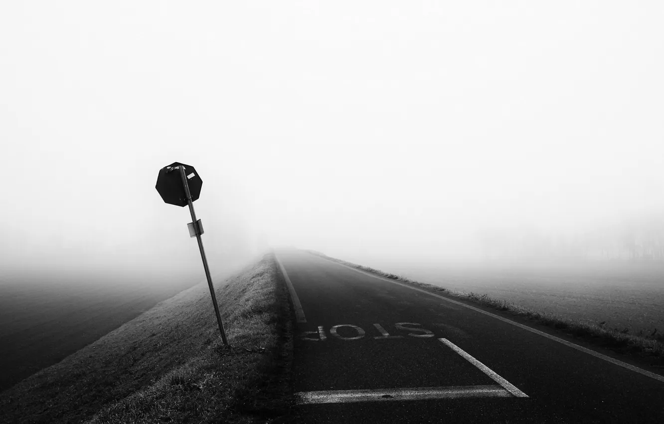 Фото обои дорога, туман, знак