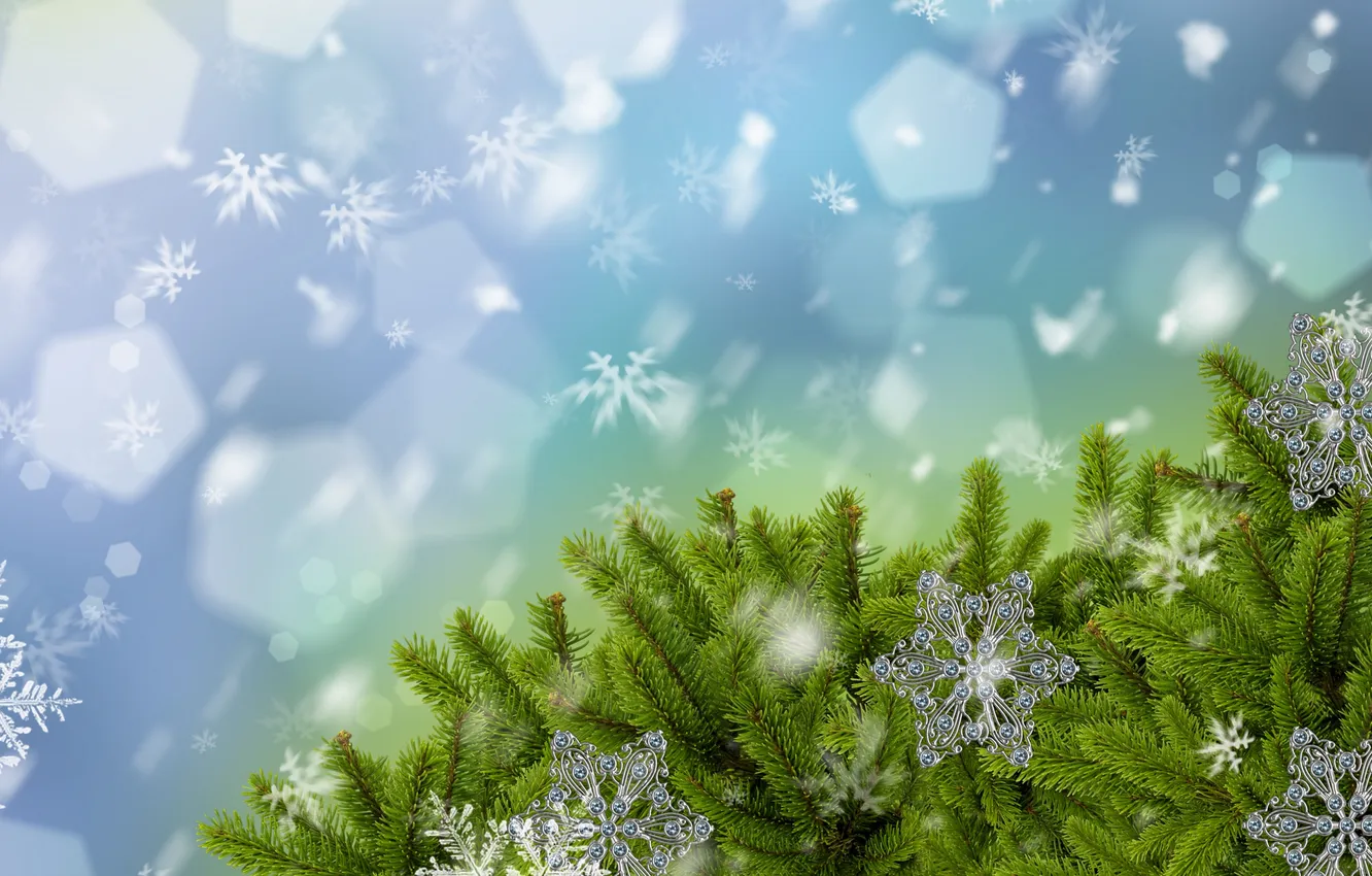 Фото обои снег, украшения, снежинки, иголки, ёлка