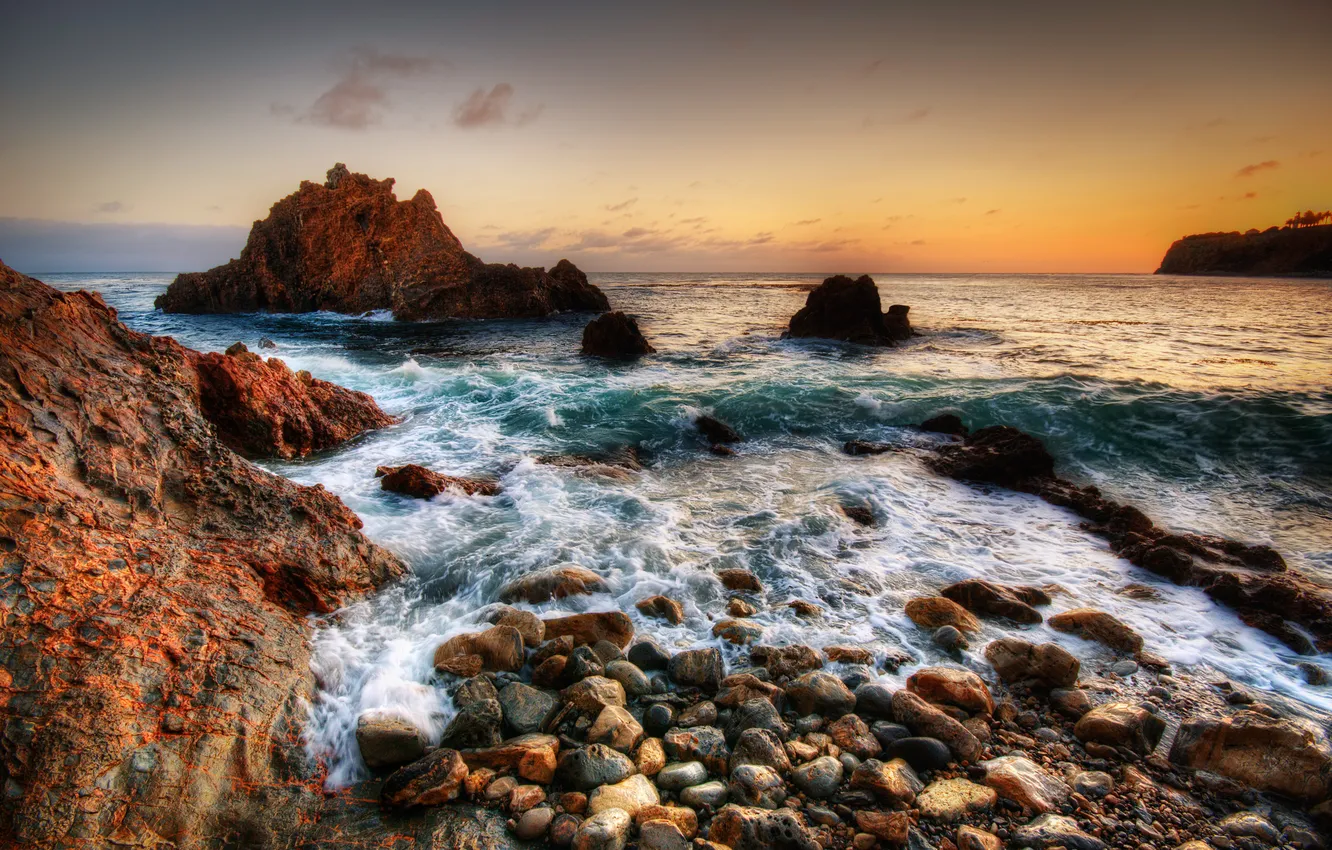 Фото обои море, закат, природа, камни, скалы
