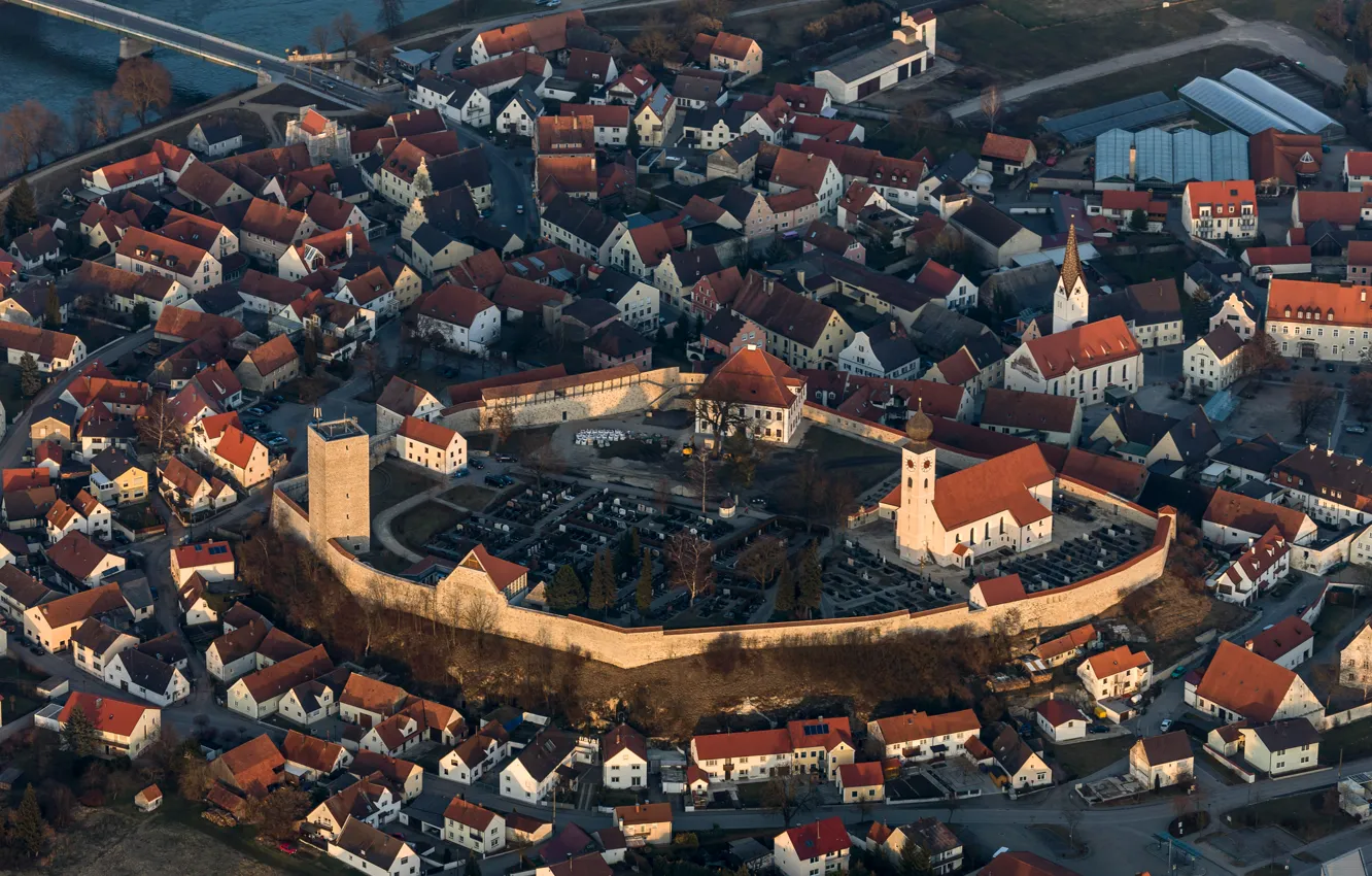 Фото обои башня, дома, Германия, Бавария, крепость, Фобург-на-Дунае