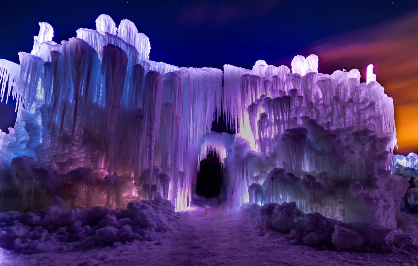 Фото обои лед, зима, свет, ночь, природа, краски, арка