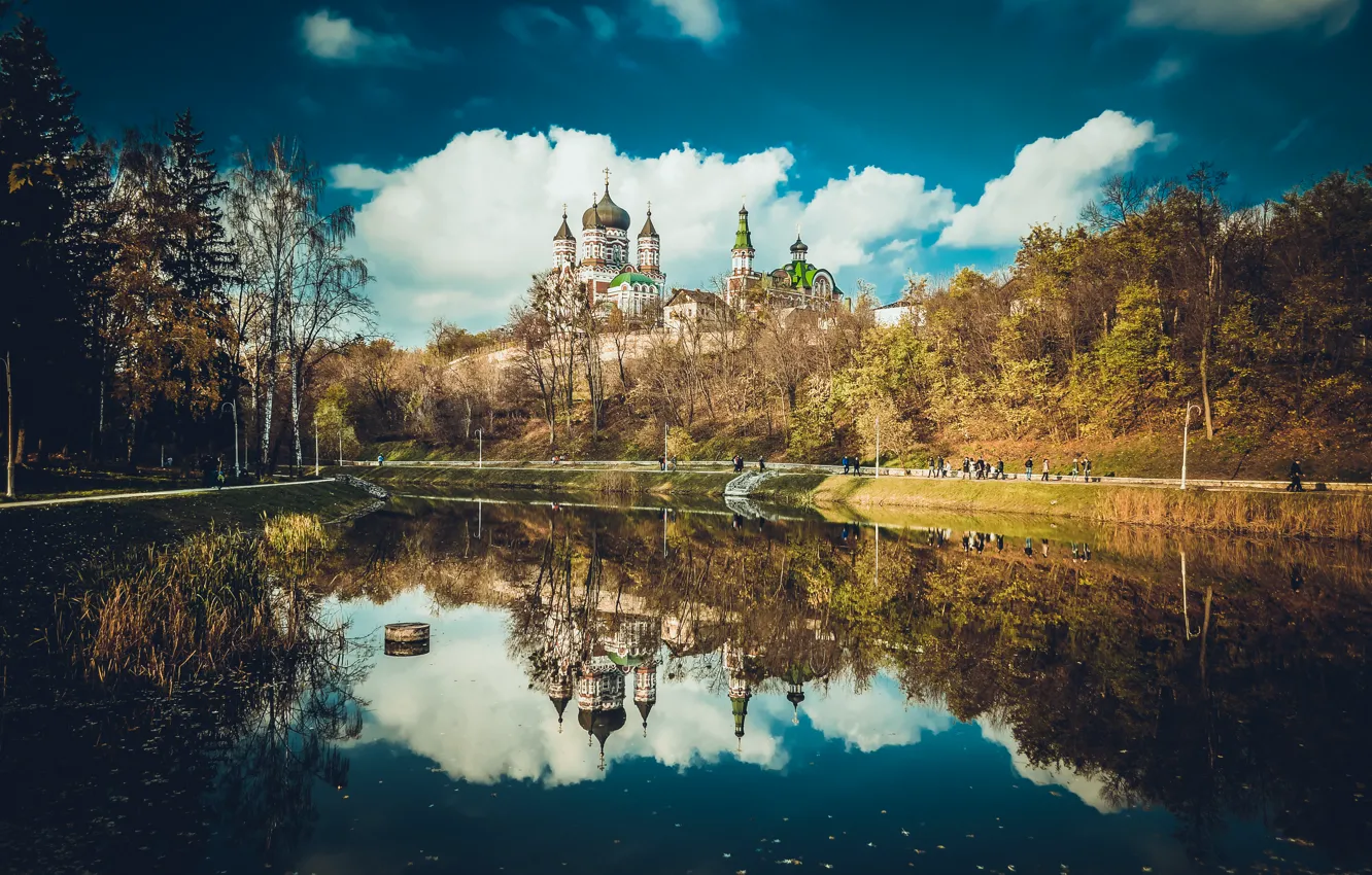 Фото обои синий, парк, отражение, Собор, церковь, киев, феофания
