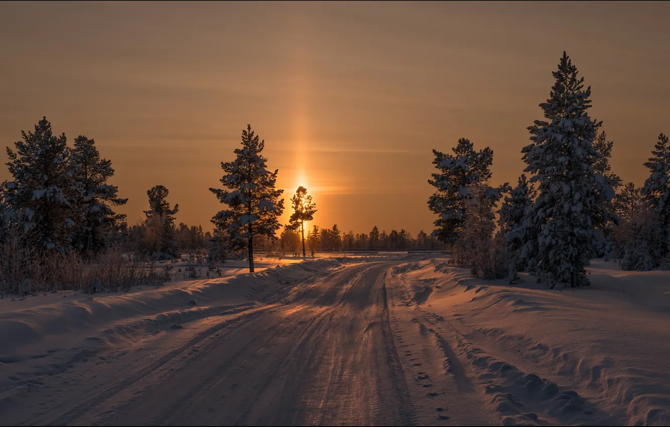 Фото обои зима, пейзаж, закат