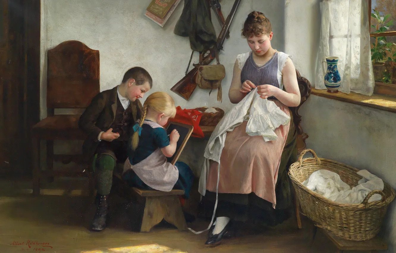 Фото обои 1892, Austrian painter, австрийский живописец, oil on canvas, Family idyll, Albert Ritzberger, Альберт Ритцбергер, Семейная …