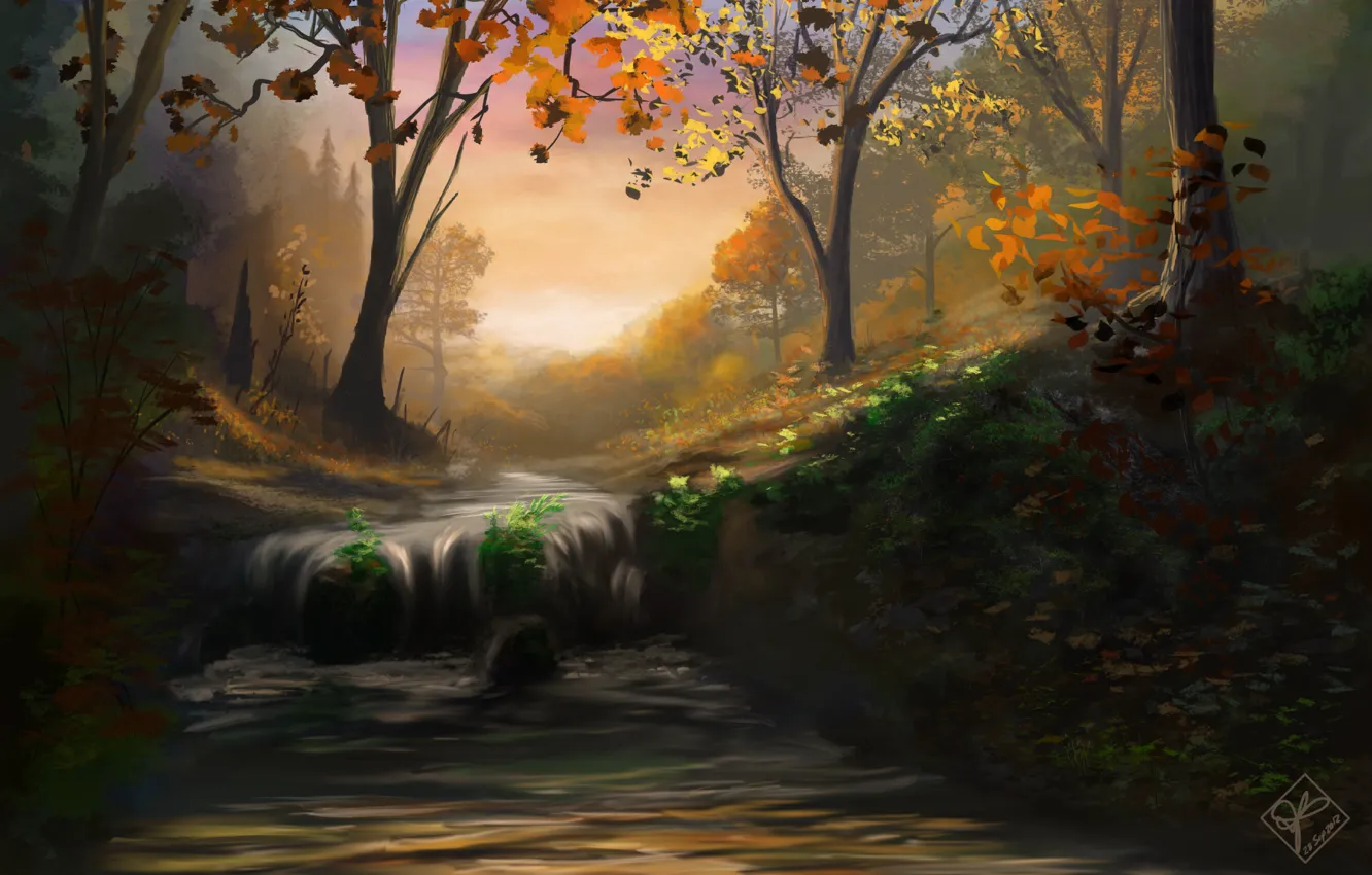 Фото обои осень, лес, листья, деревья, природа, река, водопад, поток