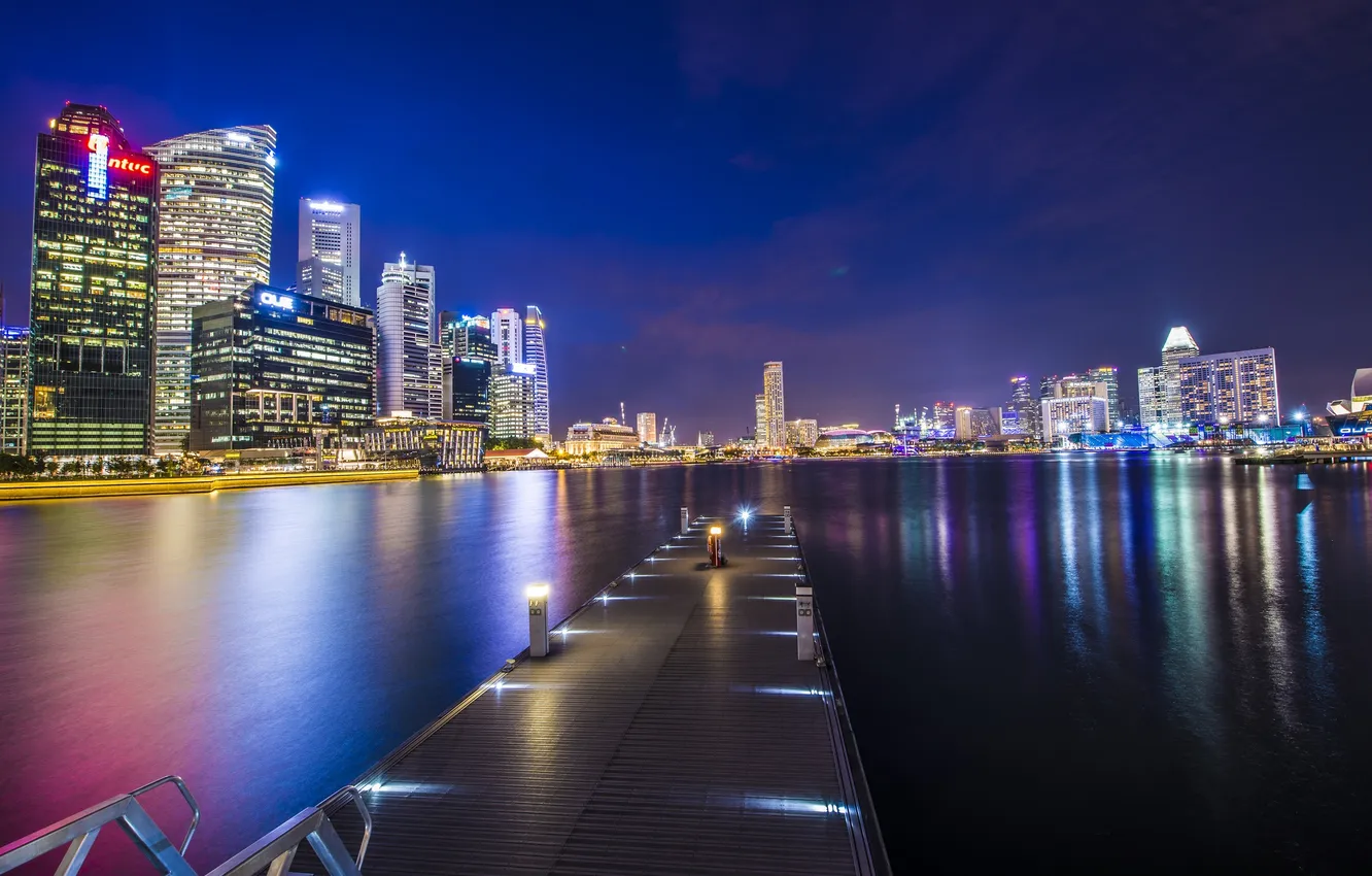 Фото обои ночь, город, пирс, Сингапур, иллюминация, Singapore