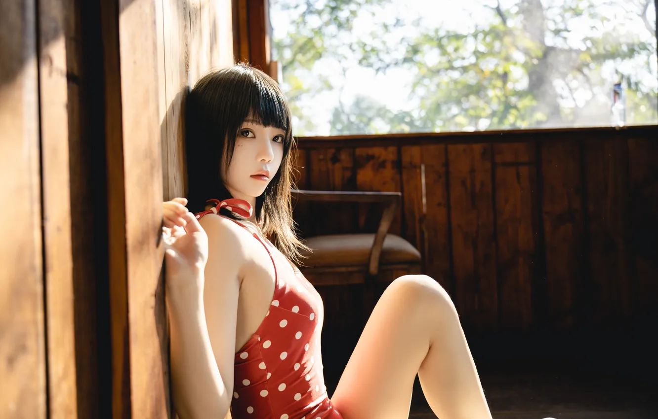 Фото обои Beautiful, Asian, Model, Woman, Pretty, Red Dress, Sitting, Sunlight