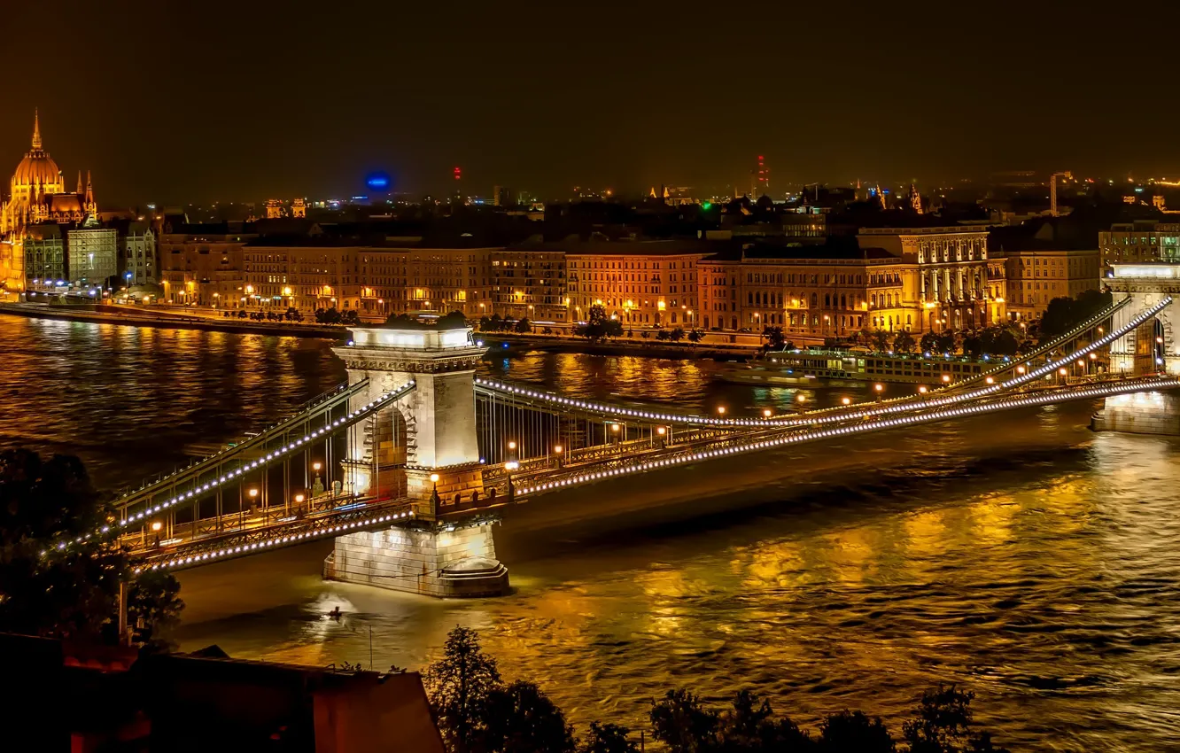 Фото обои ночь, мост, огни, река, дома, фонари, Венгрия, Будапешт