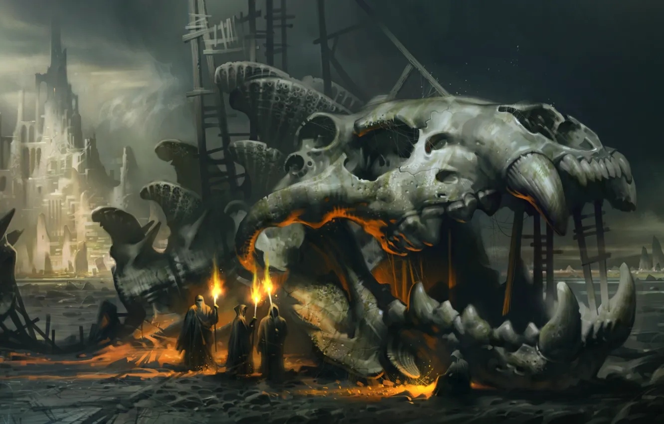 Фото обои фантастика, огонь, череп, скелет, факел, монахи, гигантская рыба