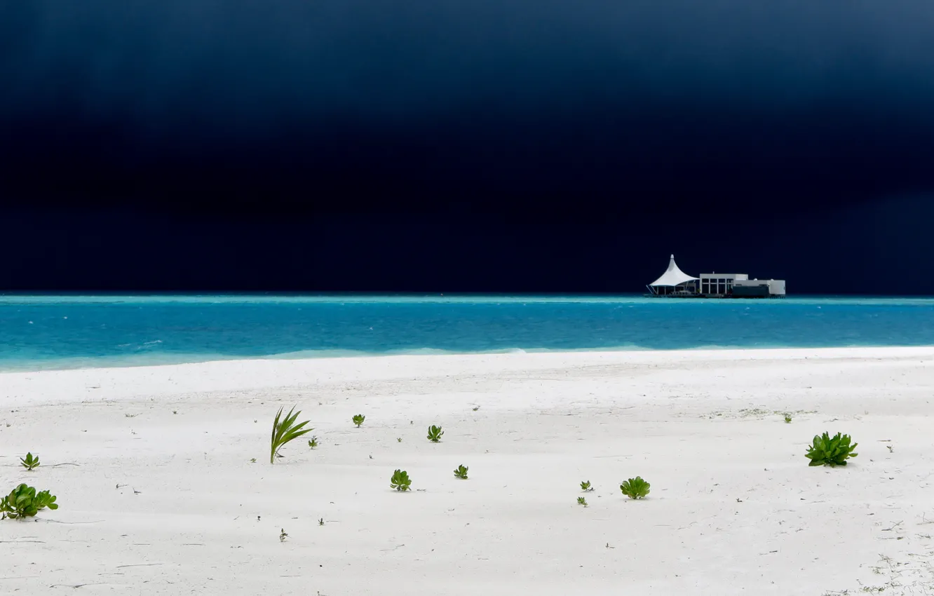 Фото обои море, гроза, пляж, пейзаж, шторм, мальдивы, курорт, песок.растение