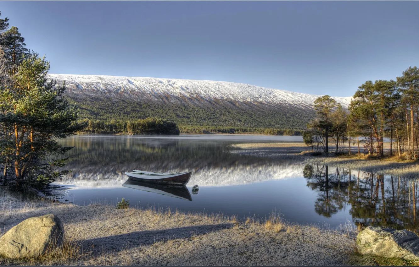 Фото обои пейзаж, природа, река, лодка, HDR, Норвегия, Lesja