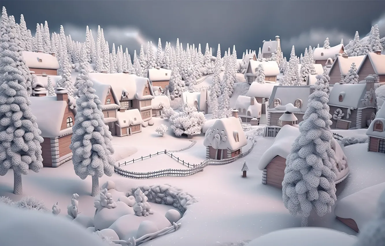 Фото обои зима, снег, lights, елки, Новый Год, деревня, Рождество, домики