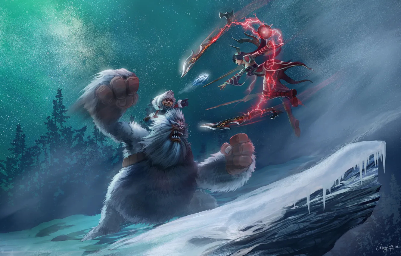 Фото обои снег, оружие, монстр, арт, League of Legends, Irelia, Nunu