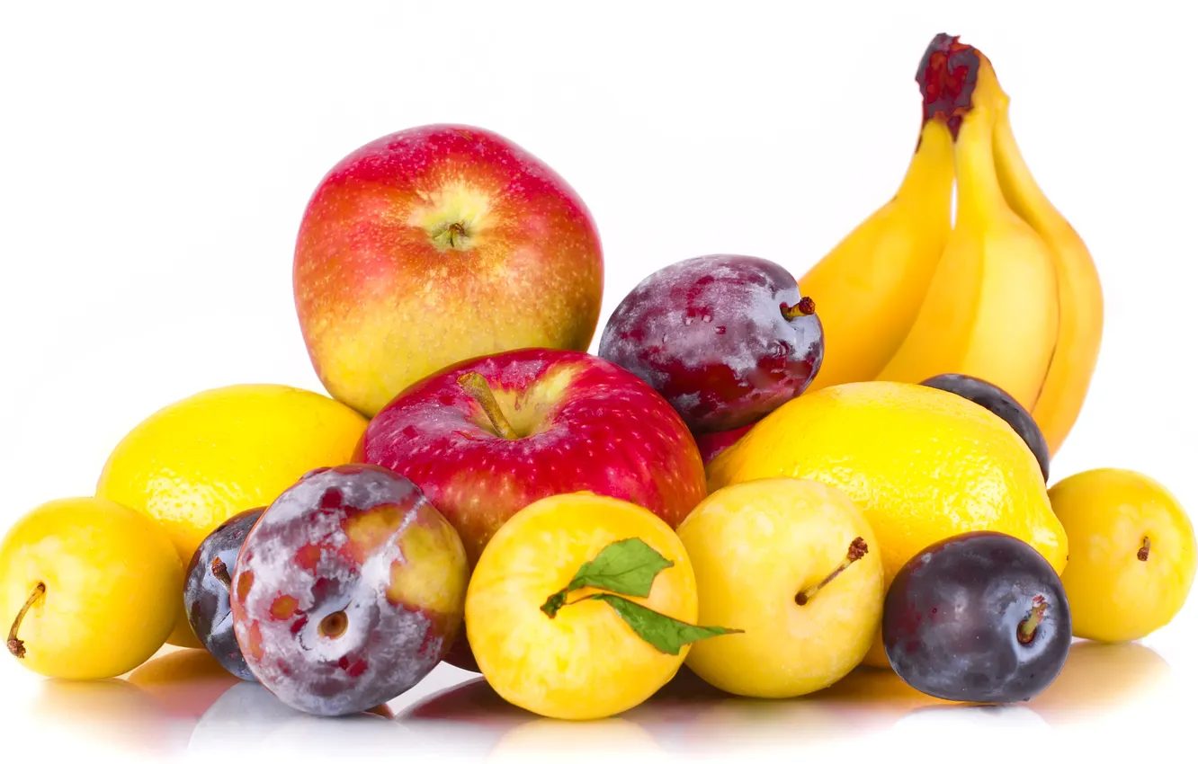 Фото обои яблоки, бананы, фрукты, сливы, лимоны, алыча