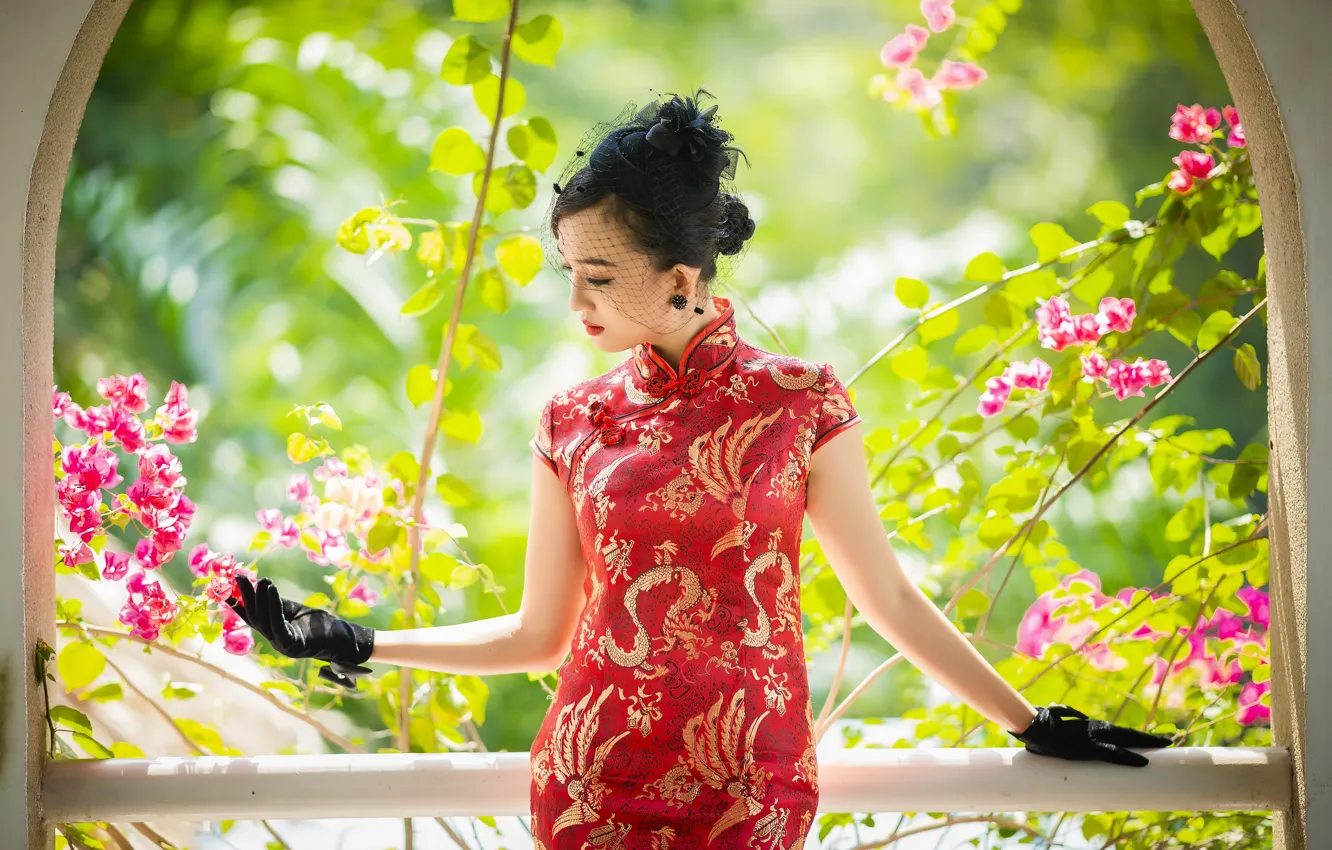Фото обои девушка, природа, сад, азиатка, красное платье