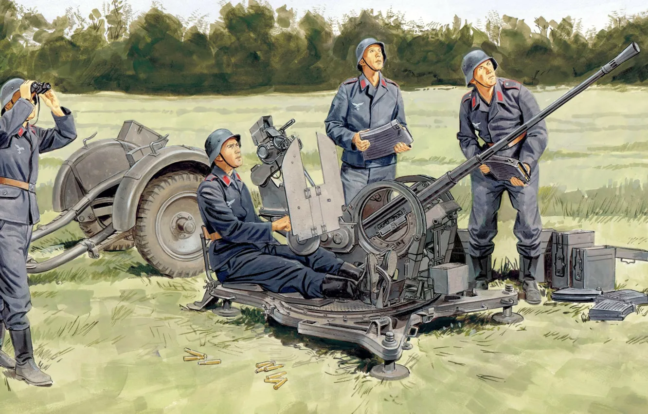 Фото обои рисунок, арт, Вторая мировая война, люфтваффе, Третий рейх, немецкое 20-мм зенитное орудие, Flugzeugabwehrkanone, 20-мм зенитная …