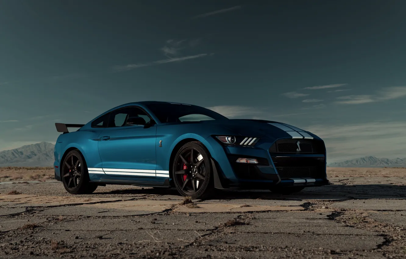Фото обои синий, Mustang, Ford, Shelby, GT500, равнина, 2019