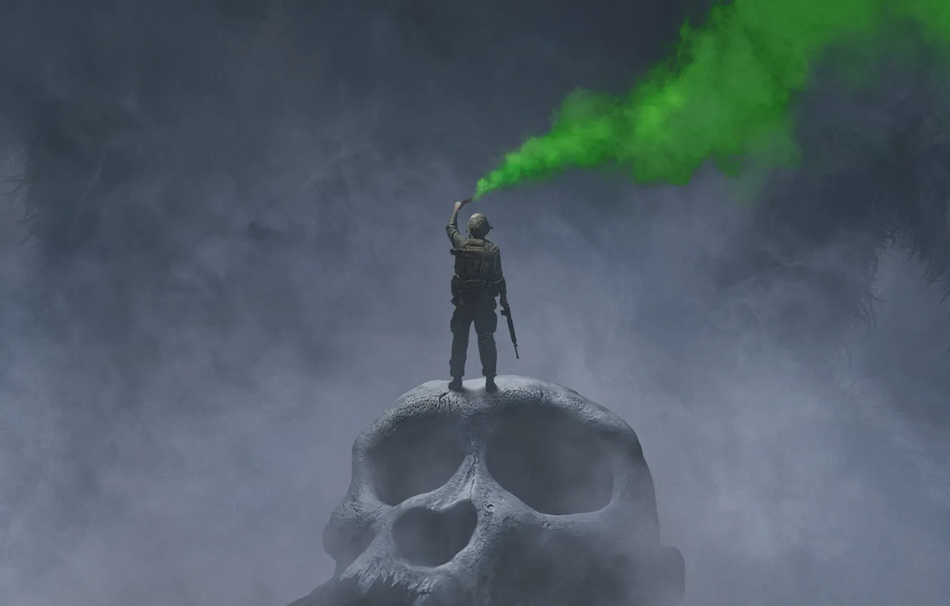 Фото обои зеленый, туман, оружие, дым, череп, фэнтези, солдат, постер