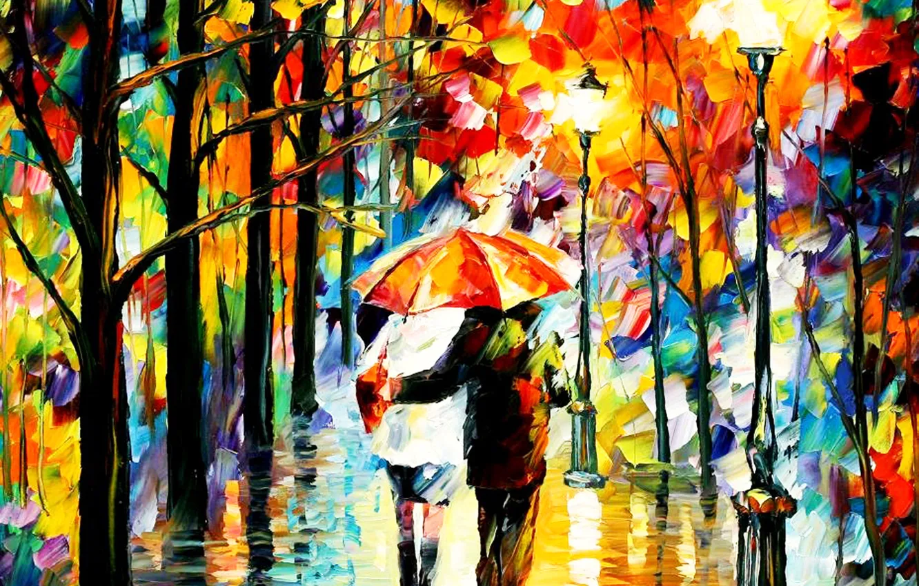 Фото обои осень, огни, парк, дождь, картина, зонт, пара, фонарь