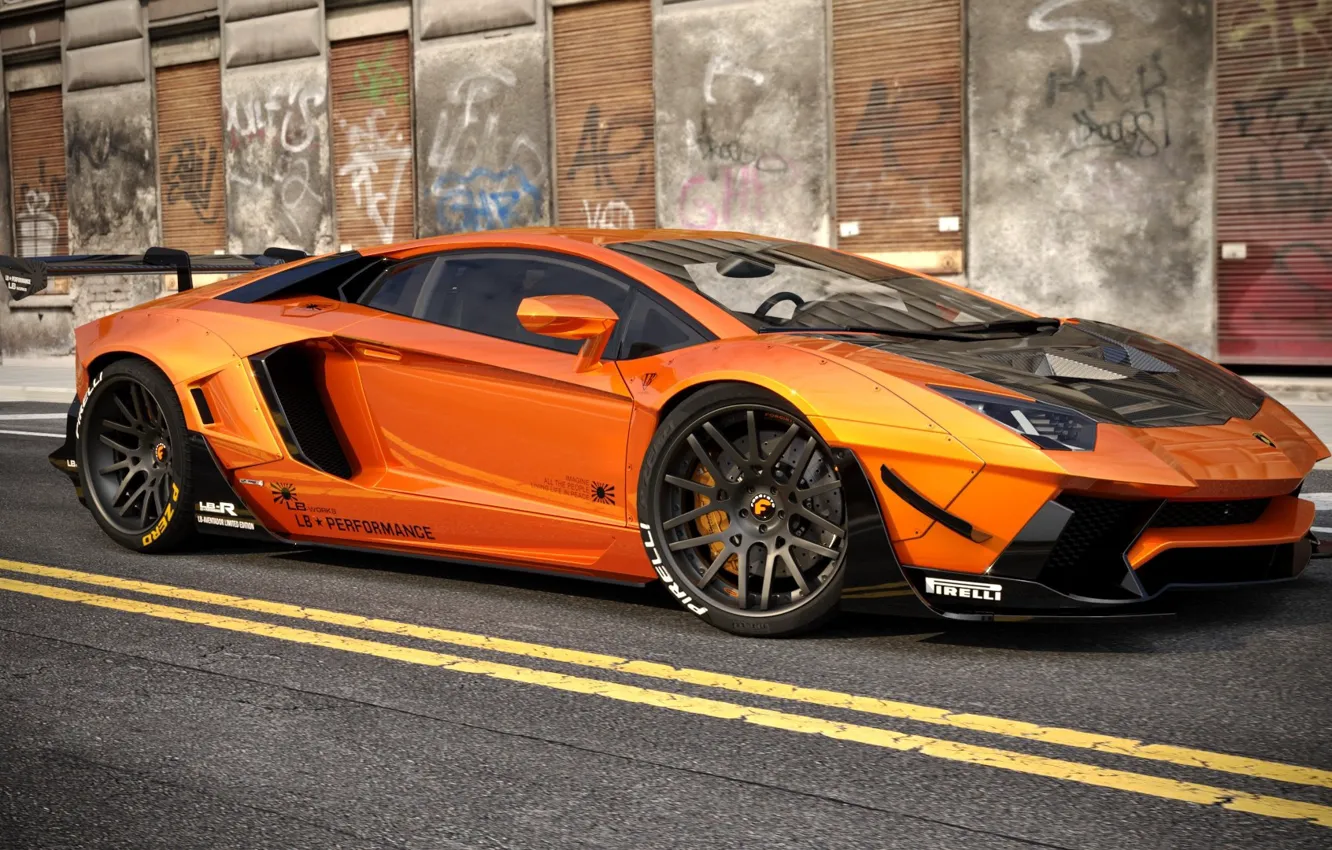 Фото обои Авто, Lamborghini, Машина, Оранжевый, Car, Auto, Render, Aventador