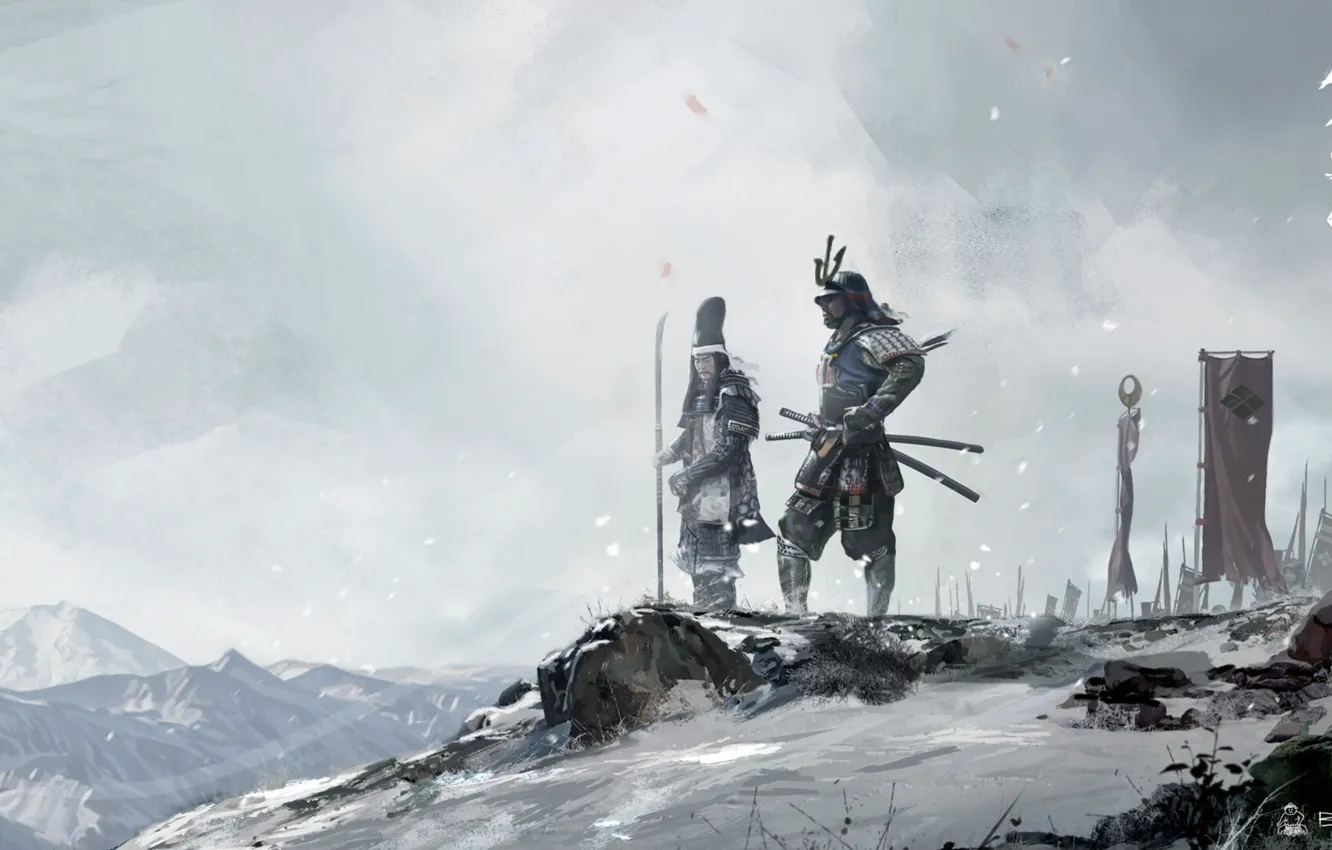 Фото обои зима, снег, азия, япония, воины, самураи, военачальники, David Benzal