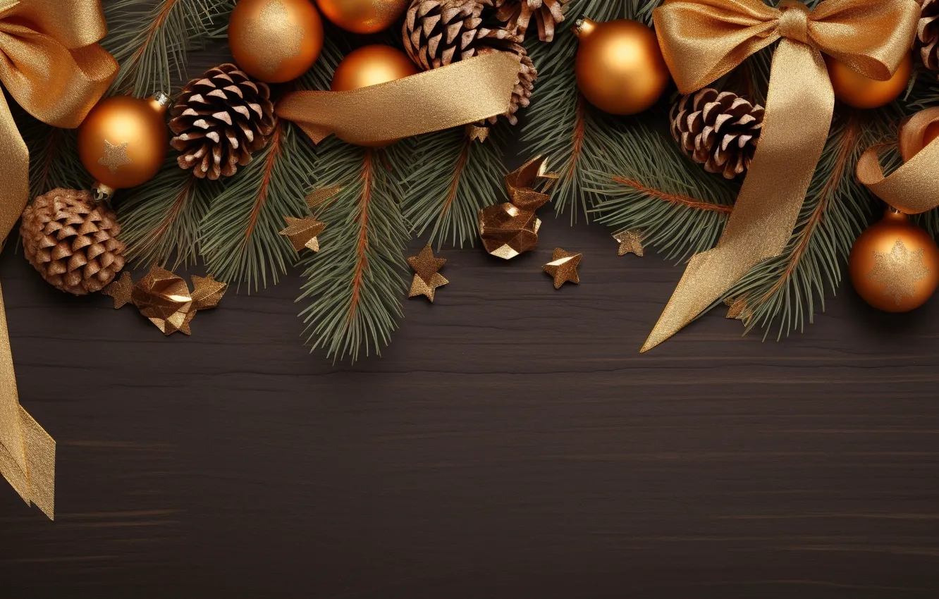 Фото обои украшения, темный фон, шары, рамка, Новый Год, Рождество, dark, golden