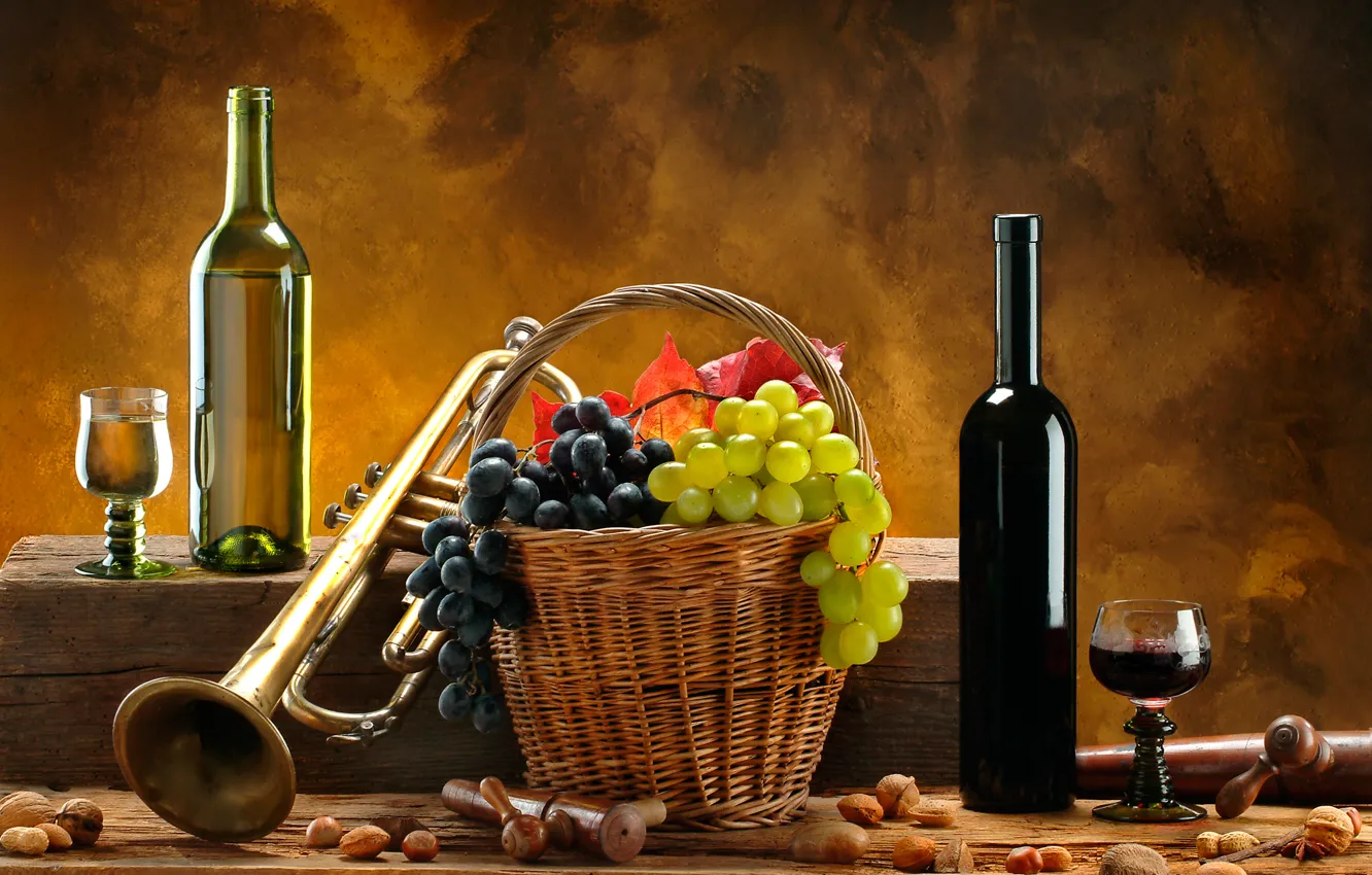 Фото обои вино, красное, белое, корзина, труба, виноград, орехи