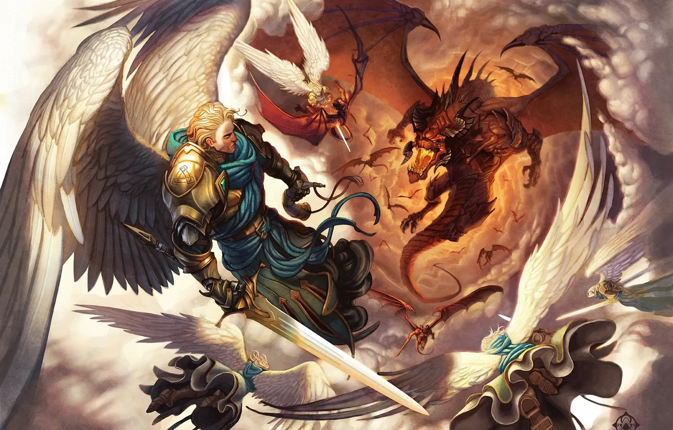 Фото обои облака, дракон, крылья, ангелы, арт, битва, в небе