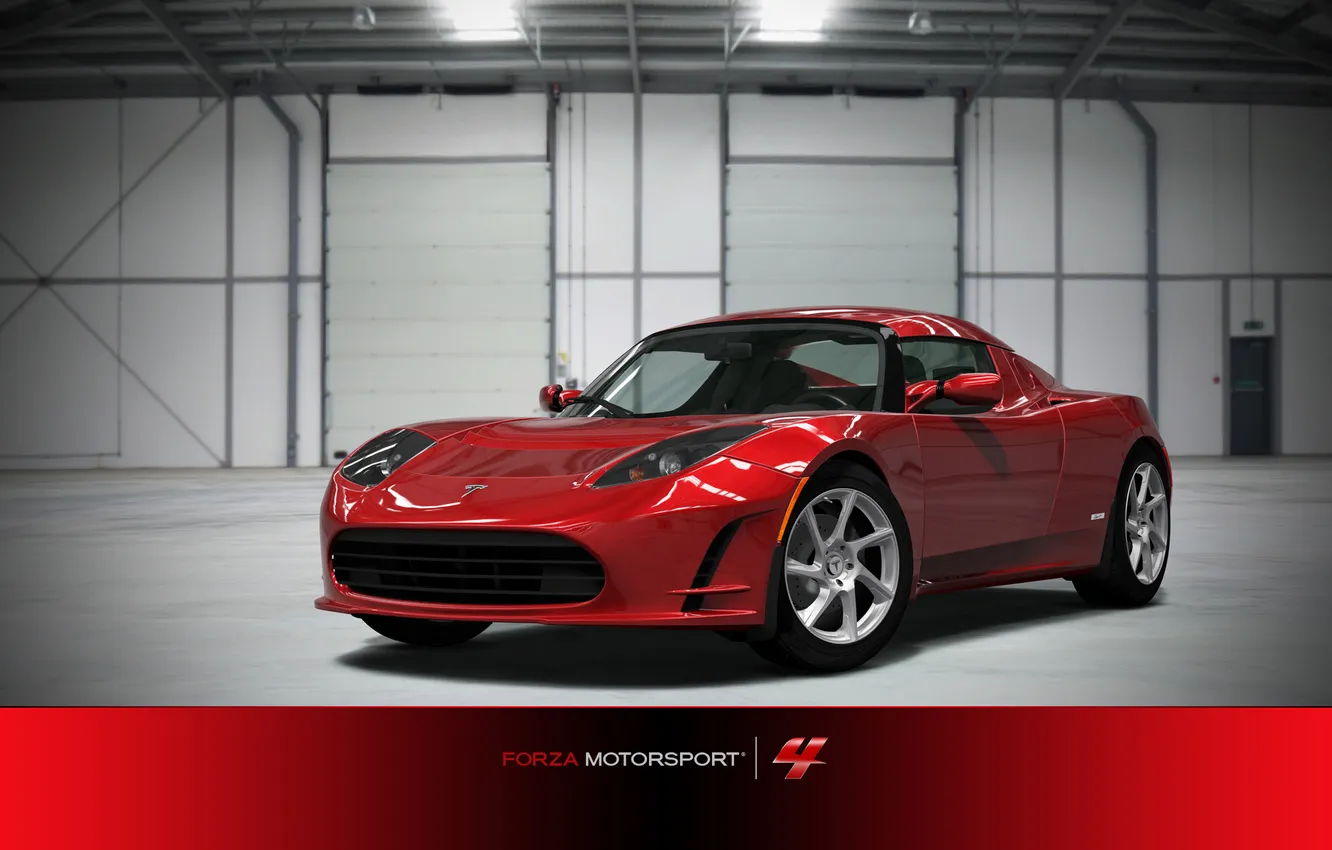 Фото обои линии, блики, гараж, красная, модернизация, Forza Motorsport 4, Tesla Roadster Sport