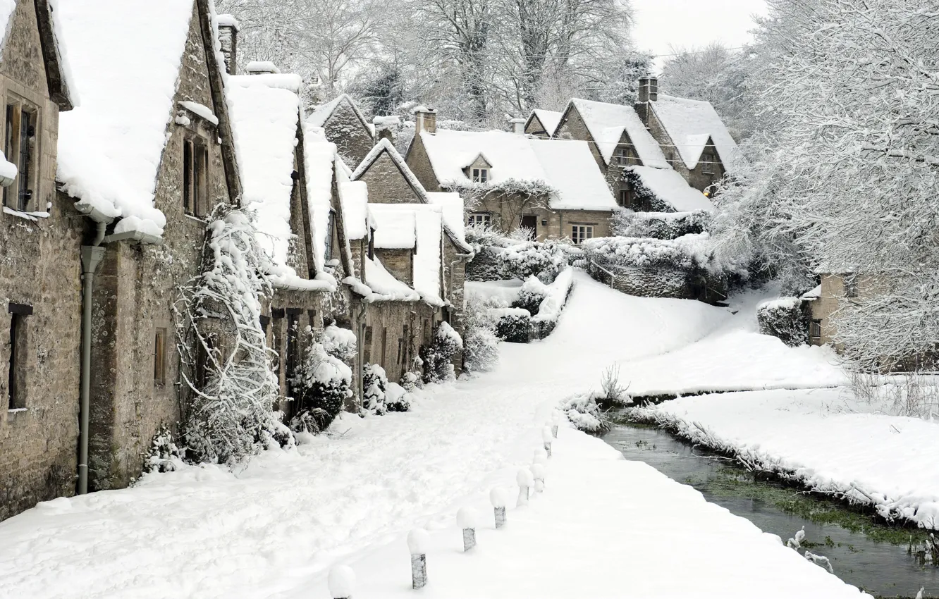 Фото обои зима, снег, англия, деревушка, Bibury