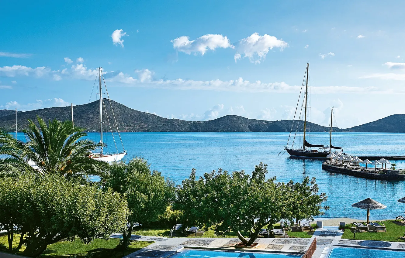Фото обои море, корабли, Греция, курорт, набережная, Крит, Brigantine Banyan resort, Porto Elounda golf and spa resort