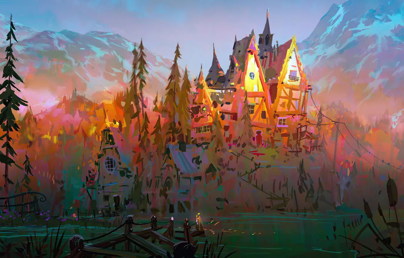 Фото обои рассвет, снежные горы, castle, горное озеро, заброшенный замок, by Gabriel Gomez
