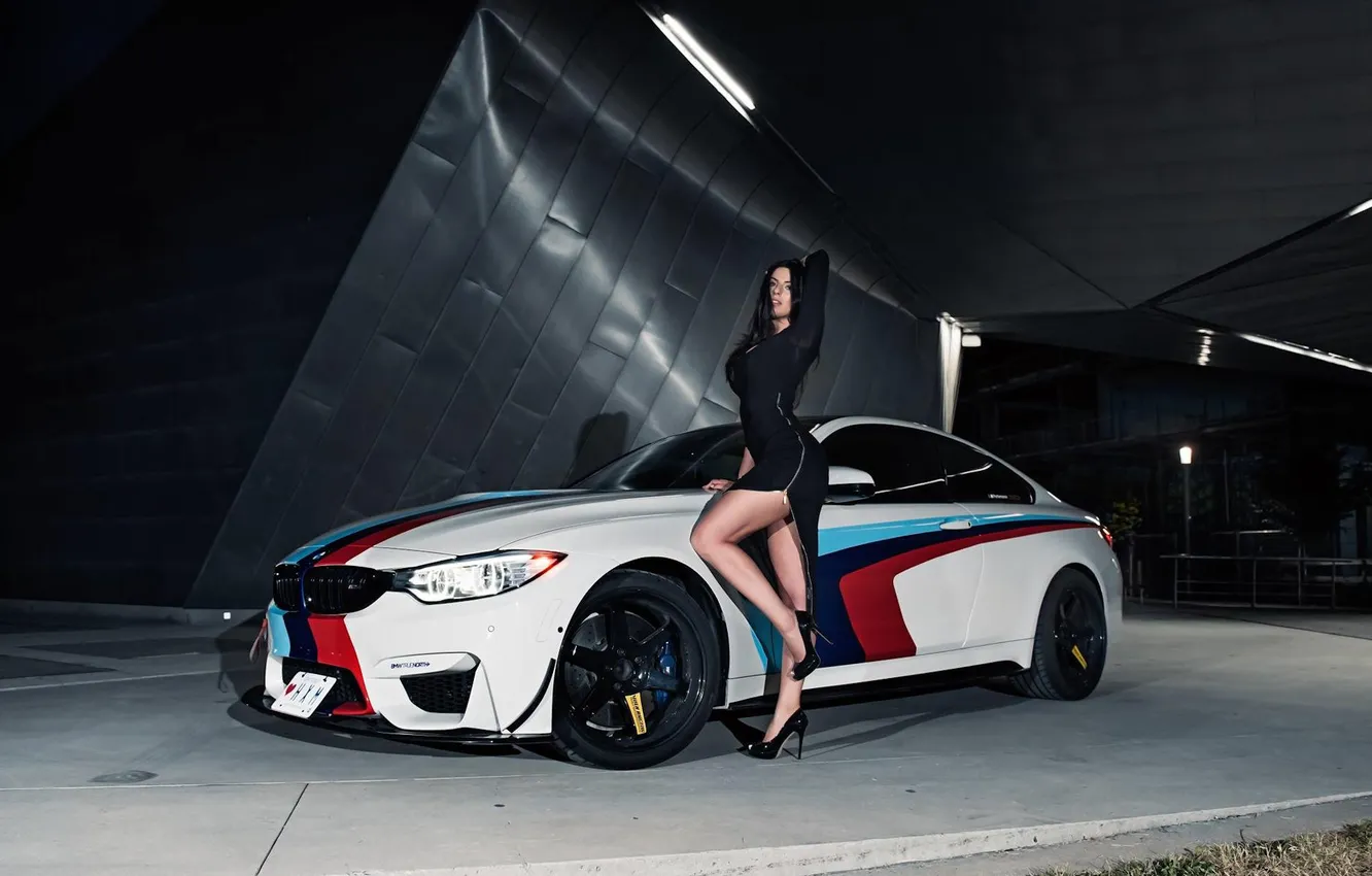 Фото обои car, girl, dress, beautiful, model, brunette, posing, high heels