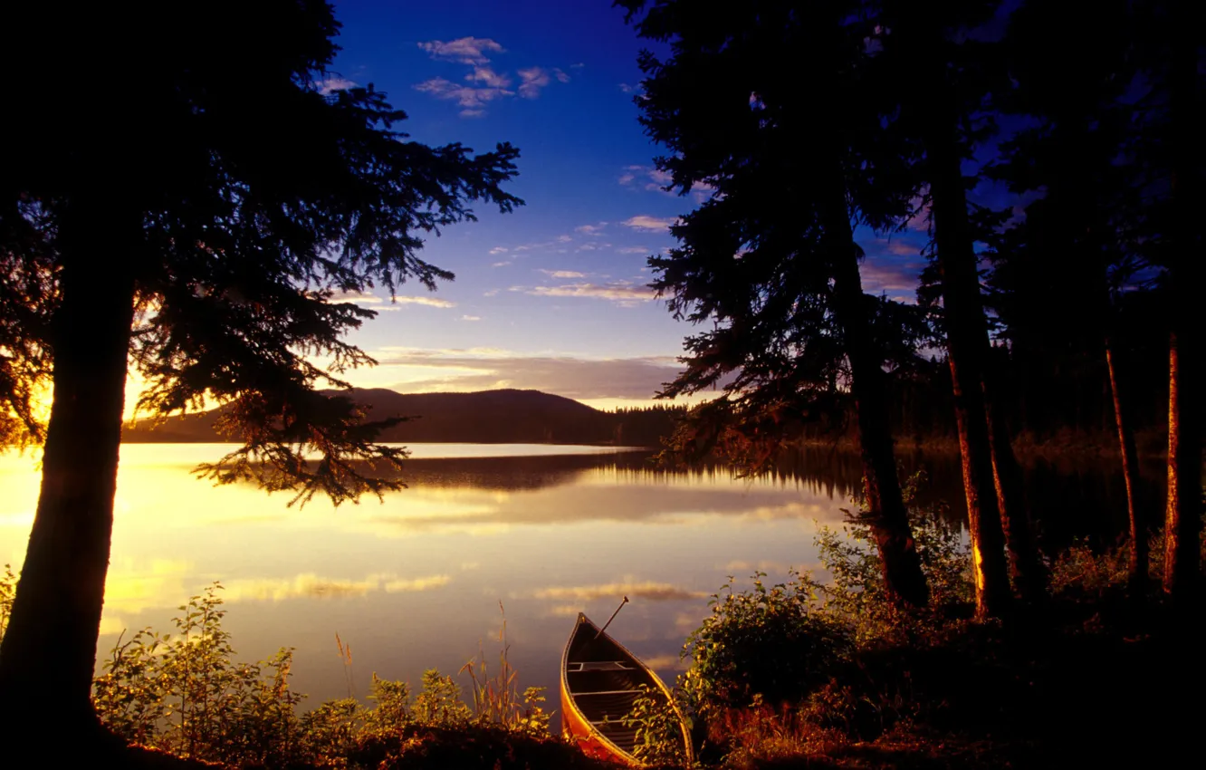 Фото обои деревья, закат, озеро, Лодка
