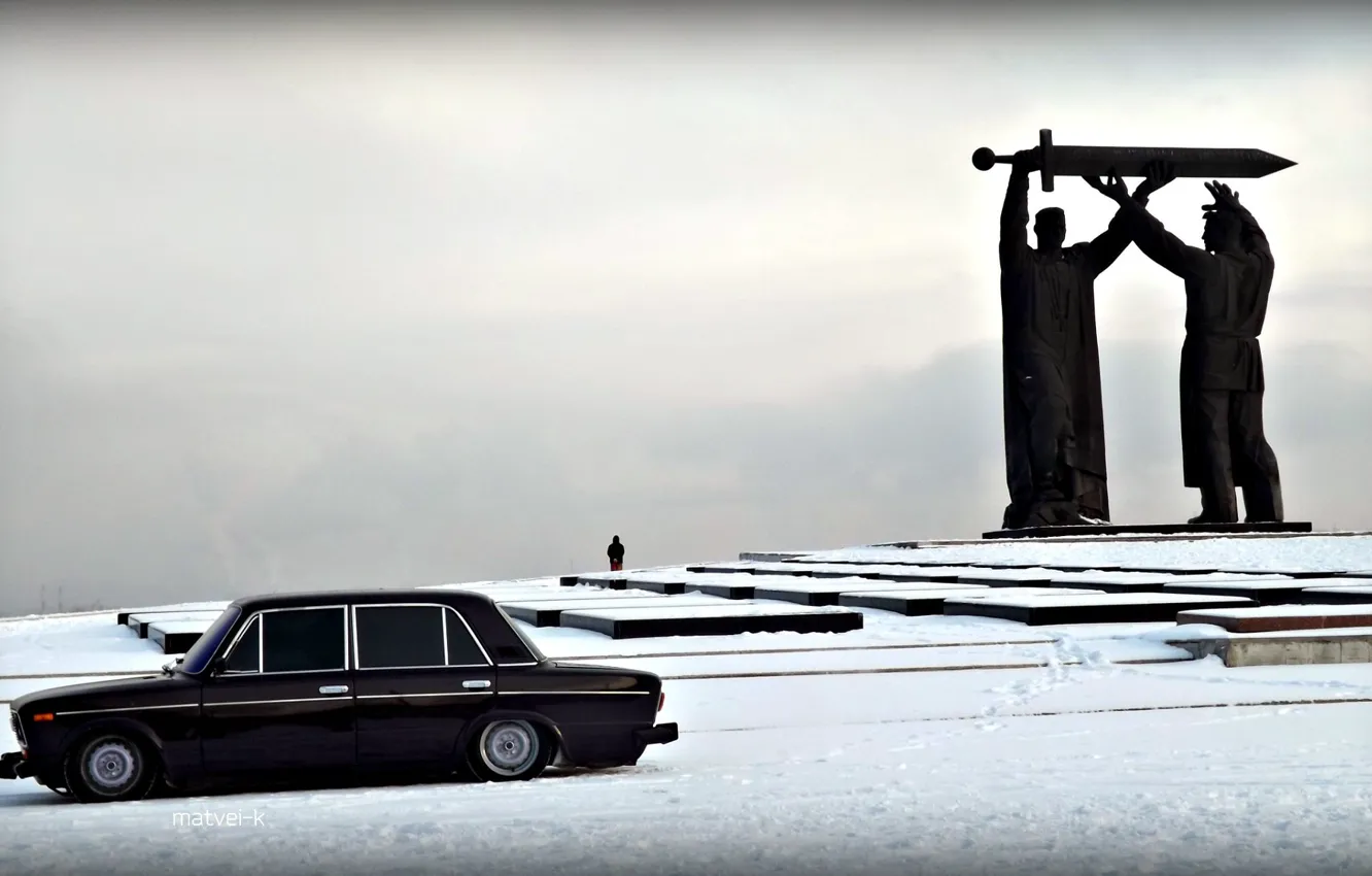 Фото обои машина, снег, Авто, памятник, Lada, auto, Лада, 2103