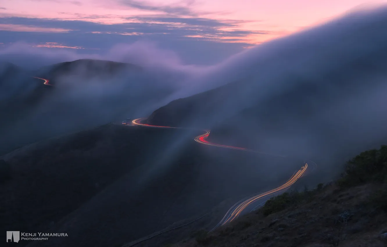 Фото обои следы, туман, выдержка, photographer, горная дорога, Kenji Yamamura