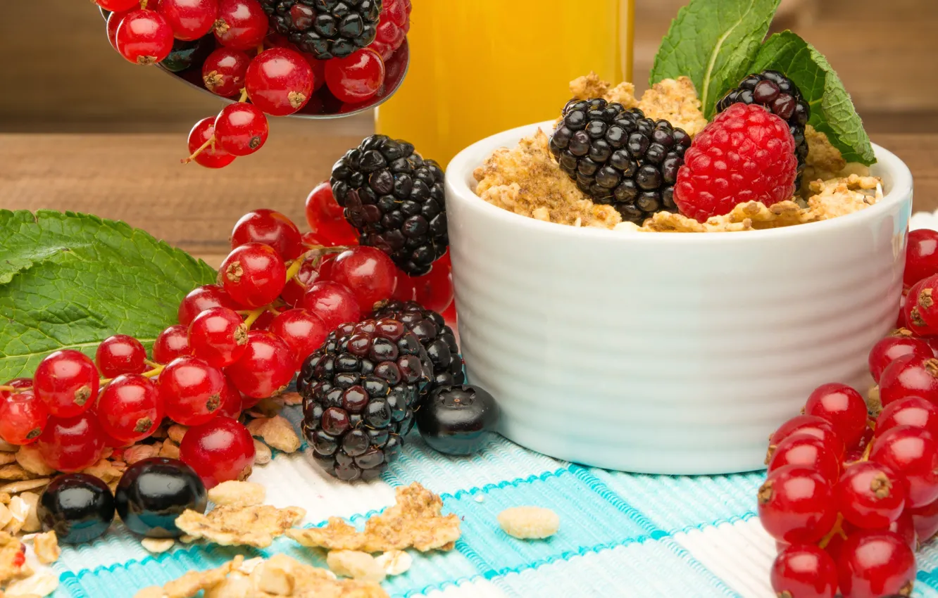Фото обои ягоды, завтрак, fresh, хлопья, berries, breakfast, мюсли
