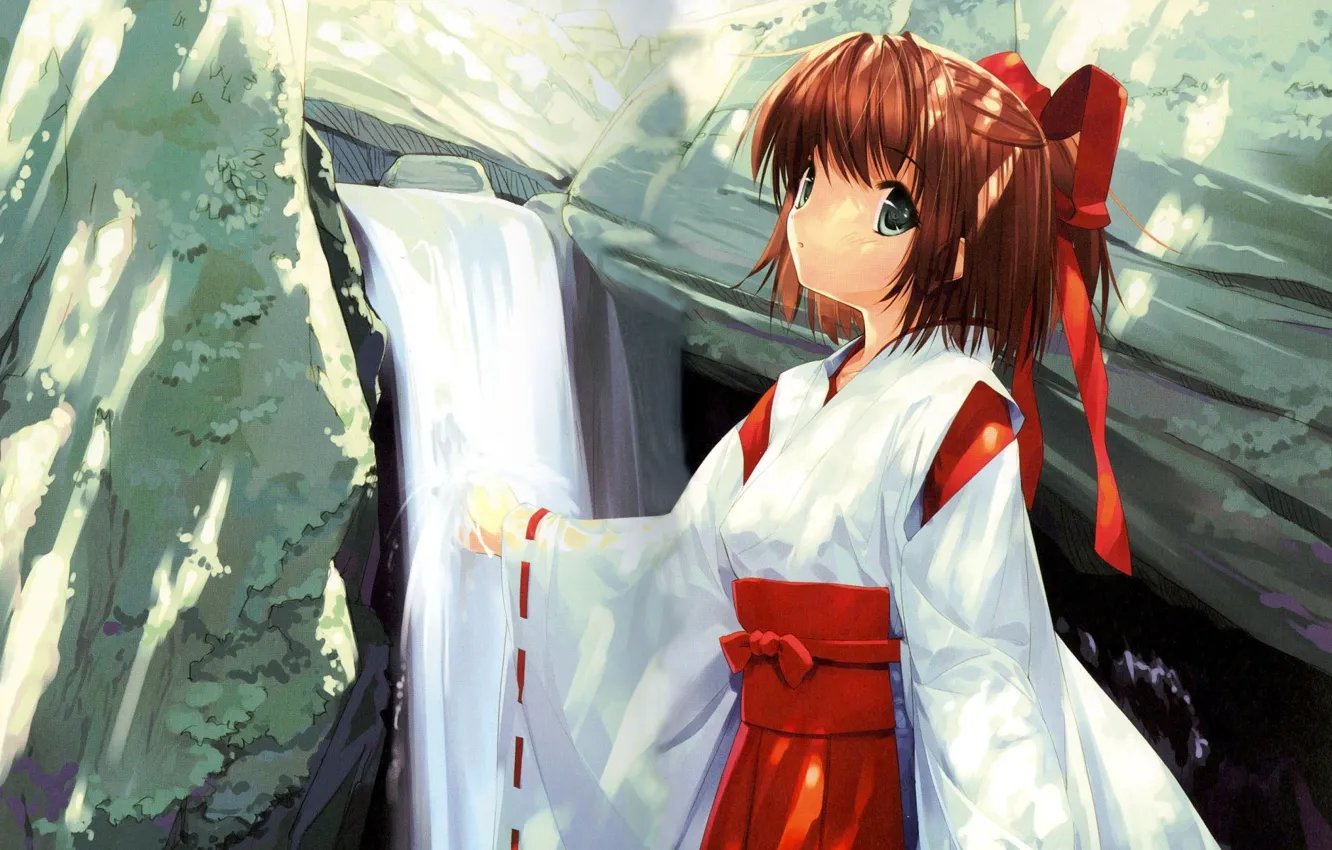 Фото обои камни, водопад, девочка, кимоно, жрица, красная лента, by Ueda Ryou