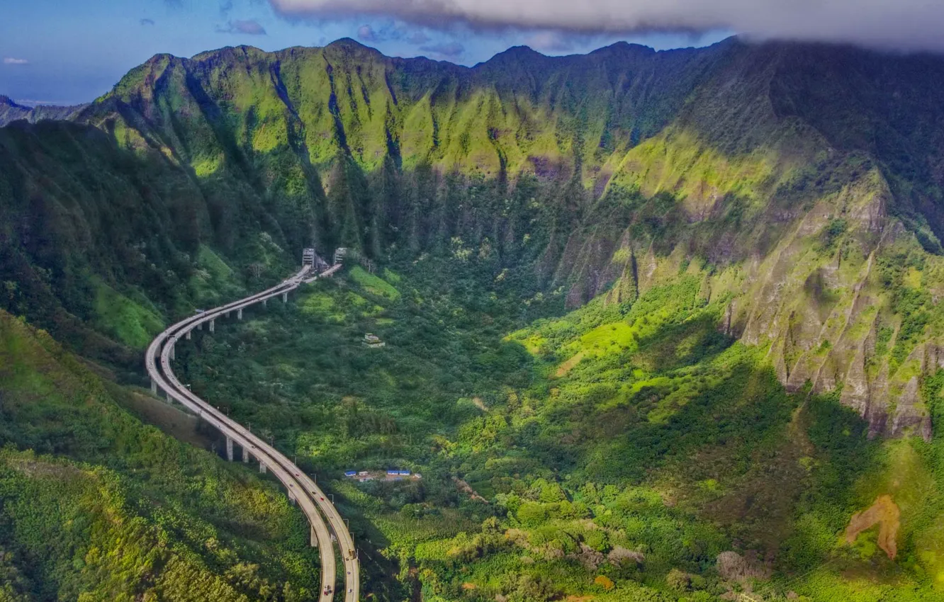 Фото обои дорога, горы, шоссе, Гавайи, остров Оаху