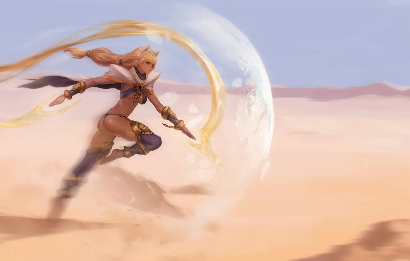 Фото обои girl, fantasy, magic, desert, artwork, shield, fantasy art, fantasy girl