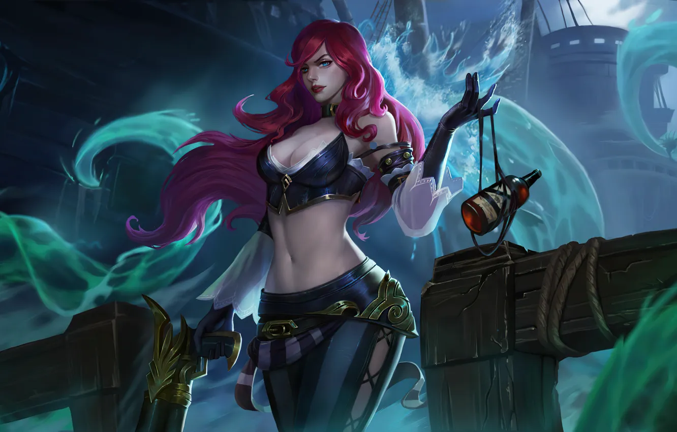 Фото обои вода, девушка, бутылка, League Of Legends, Miss Fortune