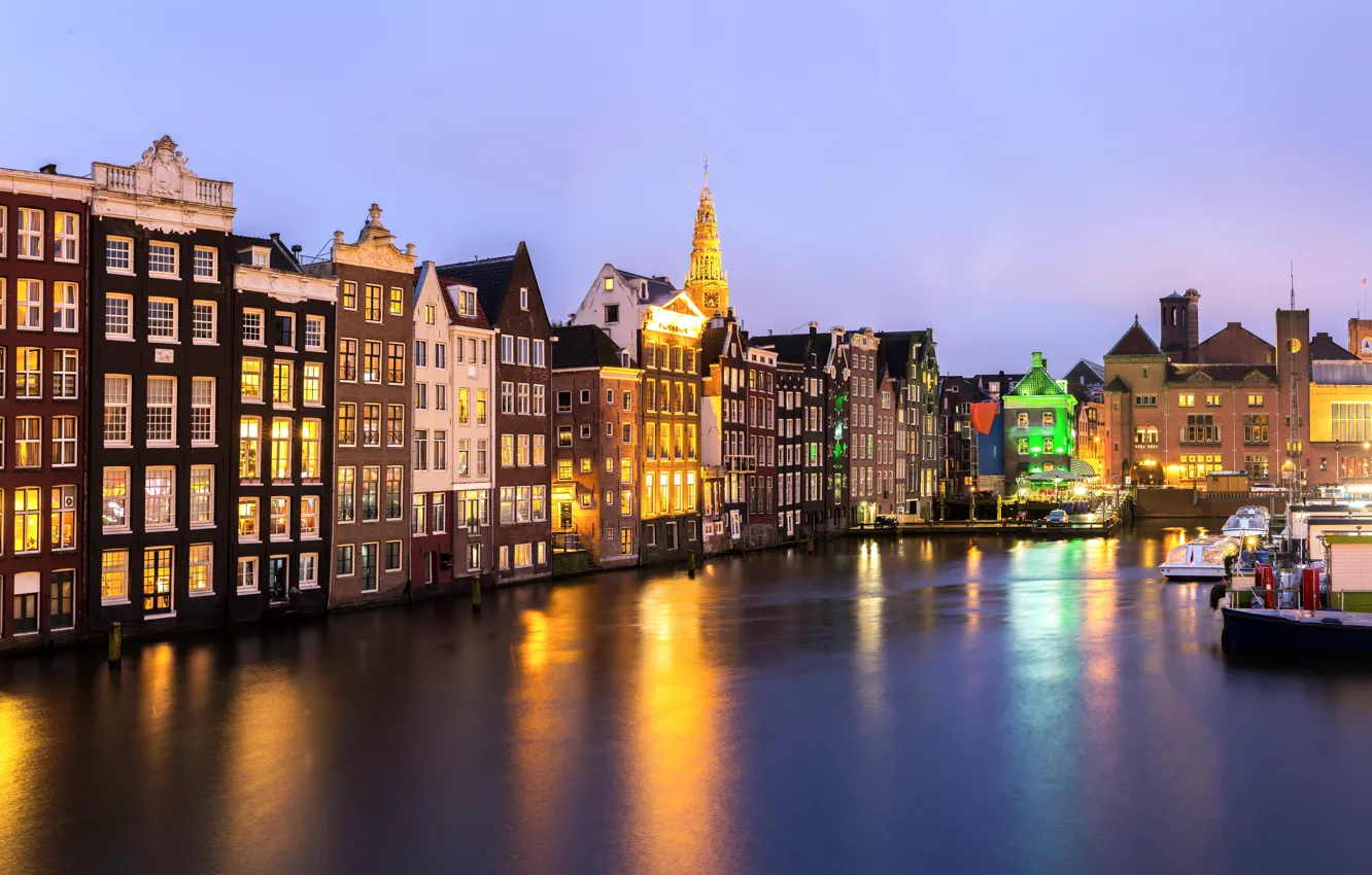 Фото обои ночь, city, город, lights, огни, река, Амстердам, panorama