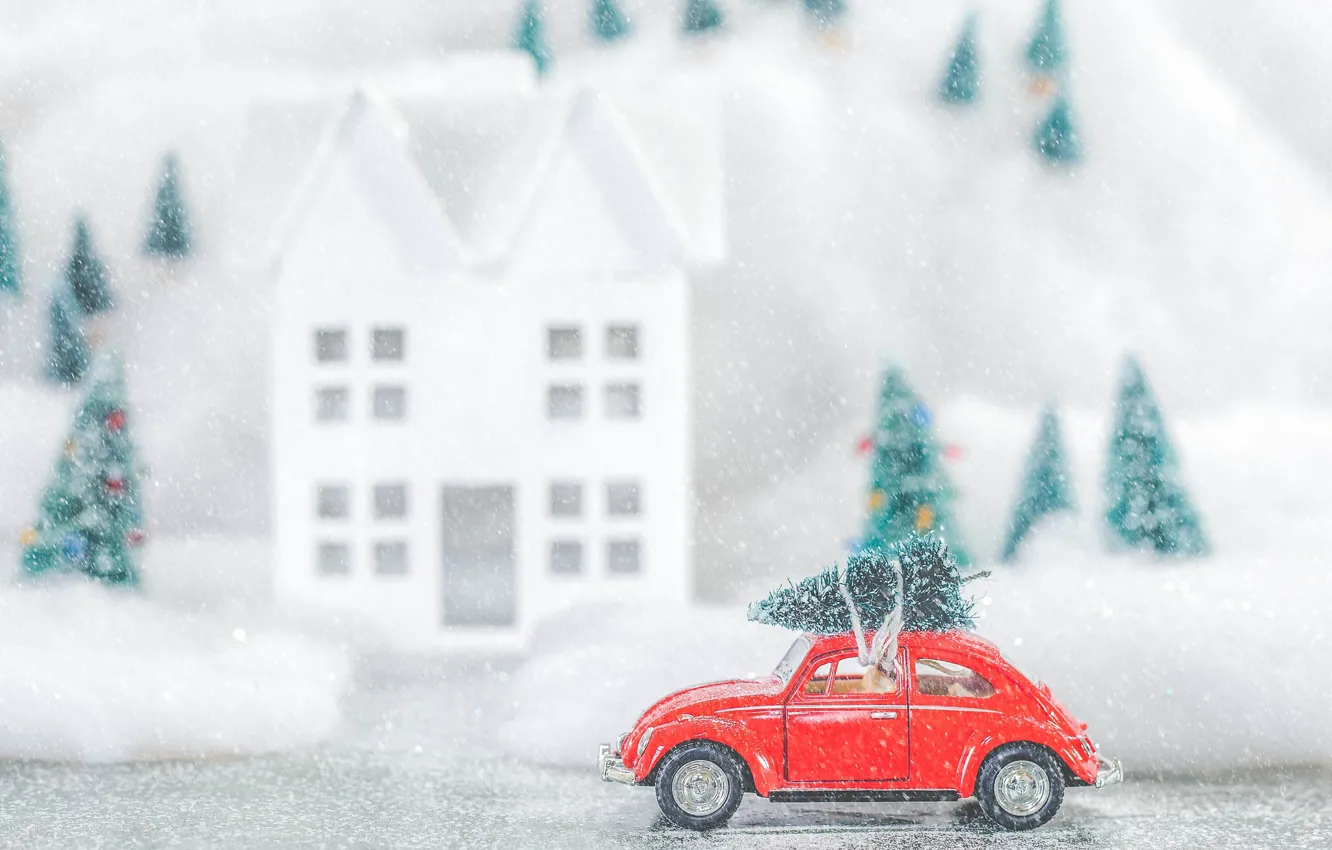 Фото обои зима, снег, игрушка, елка, Volkswagen, Рождество, Новый год, ёлка