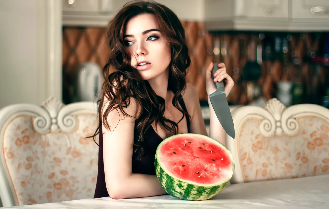 Фото обои девушка, арбуз, нож, Anastasia Lis