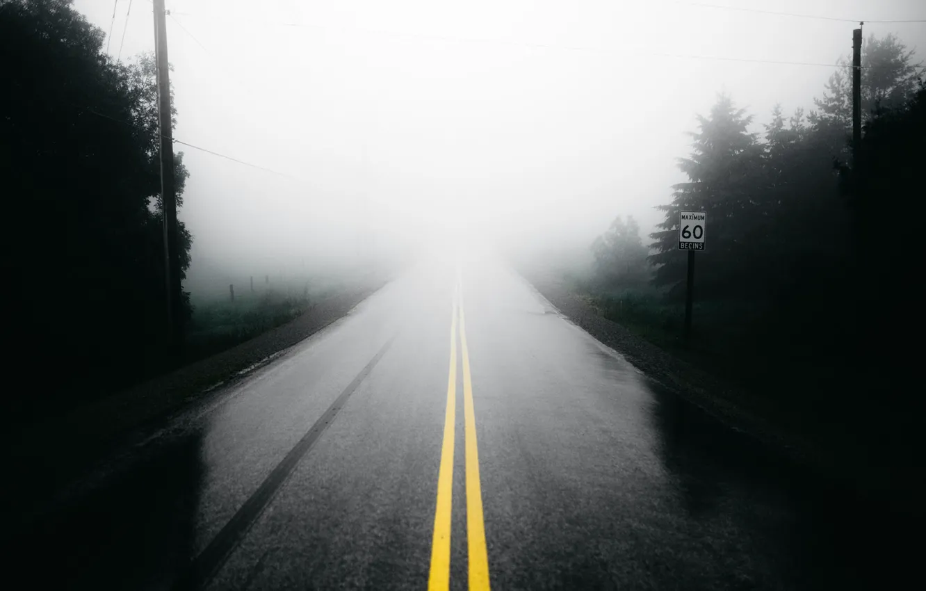 Фото обои туман, настроение, знак, Дорога, меланхолия